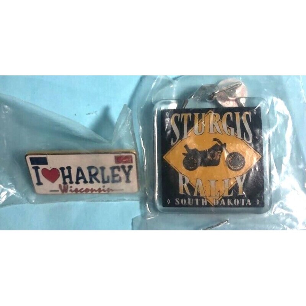 I Love Harley Wisconsin Pin & Sturgis, Motorcycle Rally Keychain -Both New